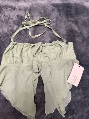 SHEIN Light Sage Green Sheer Halter Tie Crop Top